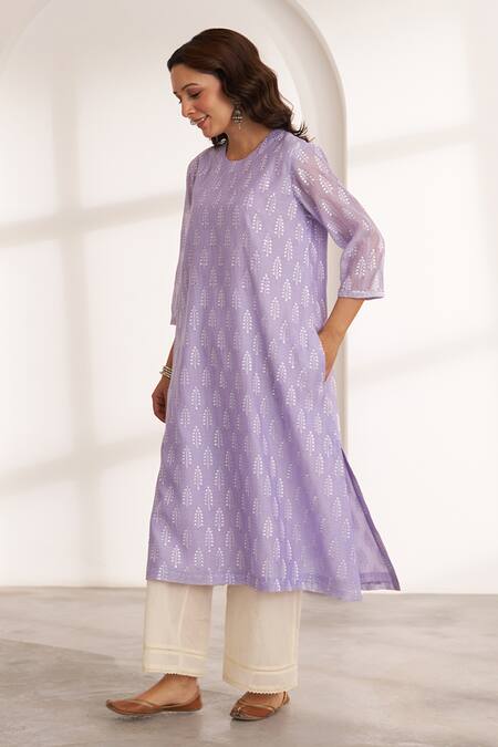 Buy_Vaaya_Lavender Chanderi Embroidery, Tassels Round Neck Kurta And Dupatta Set _Online_at_Aza_Fashions