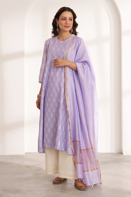 Shop_Vaaya_Lavender Chanderi Embroidery, Tassels Round Neck Kurta And Dupatta Set _Online_at_Aza_Fashions