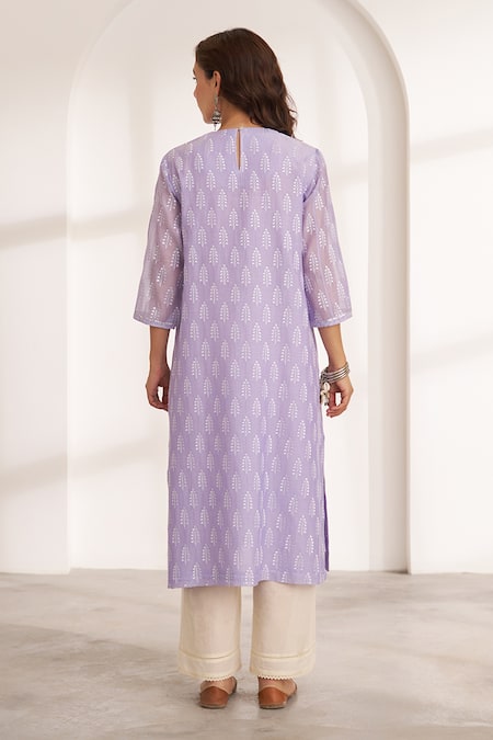 Shop_Vaaya_Lavender Chanderi Embroidery, Tassels Round Neck Kurta And Dupatta Set _at_Aza_Fashions