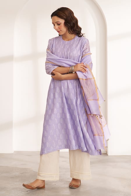 Buy_Vaaya_Lavender Chanderi Embroidery, Tassels Round Neck Kurta And Dupatta Set 