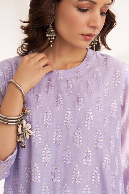 Shop_Vaaya_Lavender Chanderi Embroidery, Tassels Round Neck Kurta And Dupatta Set 