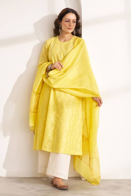 Vaaya_Yellow Chanderi Embroidery, Tassels Round Neck Lotus Silk Kurta And Dupatta Set _Online_at_Aza_Fashions