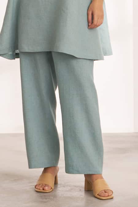 Shop_Vaaya_Green Hemp Embroidery V-neck Flowy Kurta And Pant Set _Online_at_Aza_Fashions