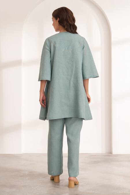 Shop_Vaaya_Green Hemp Embroidery V-neck Flowy Kurta And Pant Set _at_Aza_Fashions