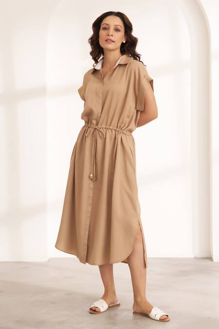 Vaaya Beige Tencel Collared Relaxed Midi Dress Online at Aza Fashions Vaaya_Beige Tencel Collared Relaxed Midi Dress_Online_at_Aza_Fashions