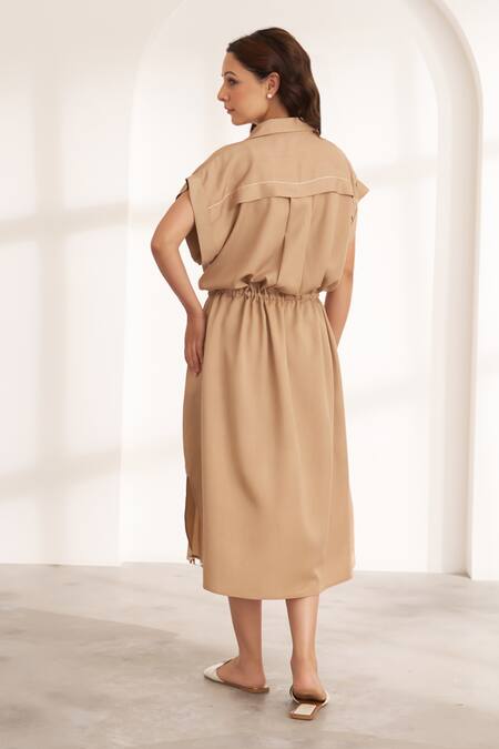 Shop Vaaya Beige Tencel Collared Relaxed Midi Dress at Aza Fashions Shop_Vaaya_Beige Tencel Collared Relaxed Midi Dress_at_Aza_Fashions