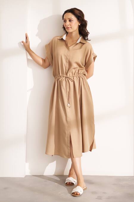 Shop Vaaya Beige Tencel Collared Relaxed Midi Dress Online at Aza Fashions Shop_Vaaya_Beige Tencel Collared Relaxed Midi Dress_Online_at_Aza_Fashions