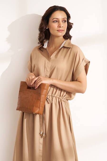 Vaaya Beige Tencel Collared Relaxed Midi Dress at Aza Fashions Vaaya_Beige Tencel Collared Relaxed Midi Dress_at_Aza_Fashions