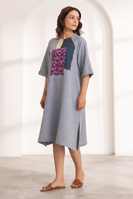 Buy_Vaaya_Blue Cotton Applique Round Neck Two-toned Handwoven Midi Dress _Online_at_Aza_Fashions