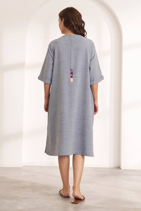 Shop_Vaaya_Blue Cotton Applique Round Neck Two-toned Handwoven Midi Dress _at_Aza_Fashions