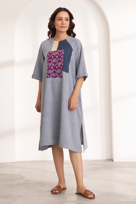 Shop_Vaaya_Blue Cotton Applique Round Neck Two-toned Handwoven Midi Dress _Online_at_Aza_Fashions