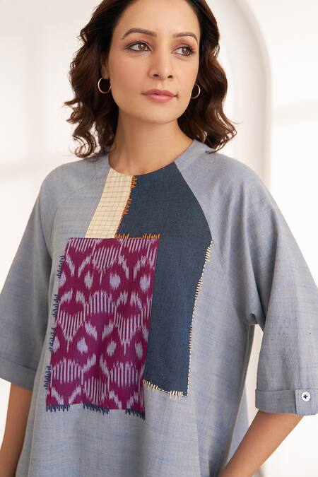 Vaaya_Blue Cotton Applique Round Neck Two-toned Handwoven Midi Dress _at_Aza_Fashions