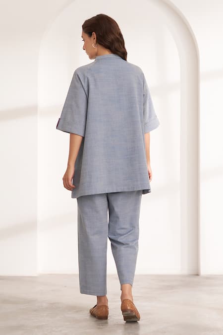 Shop_Vaaya_Blue Cotton Embroidery Split V-neck Morning Glory Floral Applique Co-ord Set _at_Aza_Fashions