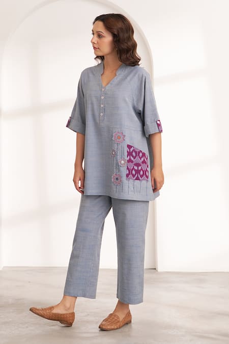 Buy_Vaaya_Blue Cotton Embroidery Split V-neck Morning Glory Floral Applique Co-ord Set _Online_at_Aza_Fashions
