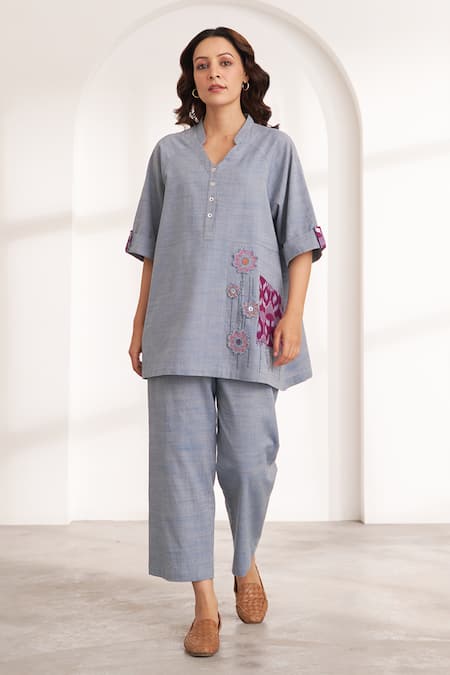 Shop_Vaaya_Blue Cotton Embroidery Split V-neck Morning Glory Floral Applique Co-ord Set _Online_at_Aza_Fashions