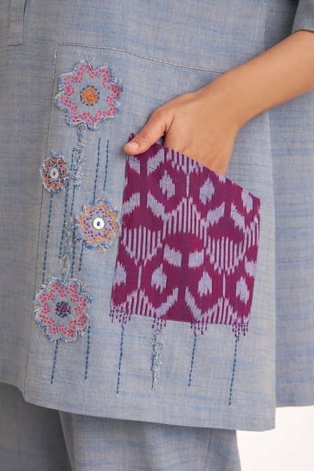 Vaaya_Blue Cotton Embroidery Split V-neck Morning Glory Floral Applique Co-ord Set _at_Aza_Fashions