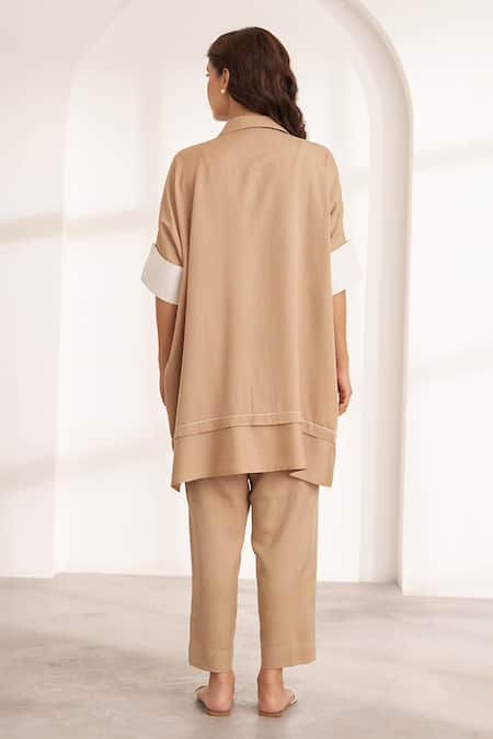 Shop_Vaaya_Beige Tencel Collared Anti-fit Pant Set _at_Aza_Fashions