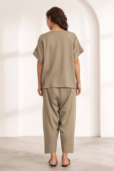 Shop Vaaya Olive Green Tencel V-neck Light Co-ord Set at Aza Fashions Shop_Vaaya_Olive Green Tencel V-neck Light Co-ord Set_at_Aza_Fashions