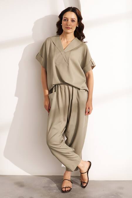 Shop Vaaya Olive Green Tencel V-neck Light Co-ord Set Online at Aza Fashions Shop_Vaaya_Olive Green Tencel V-neck Light Co-ord Set_Online_at_Aza_Fashions