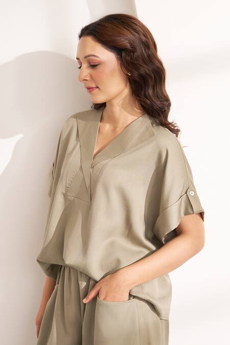 Vaaya Olive Green Tencel V-neck Light Co-ord Set at Aza Fashions Vaaya_Olive Green Tencel V-neck Light Co-ord Set_at_Aza_Fashions