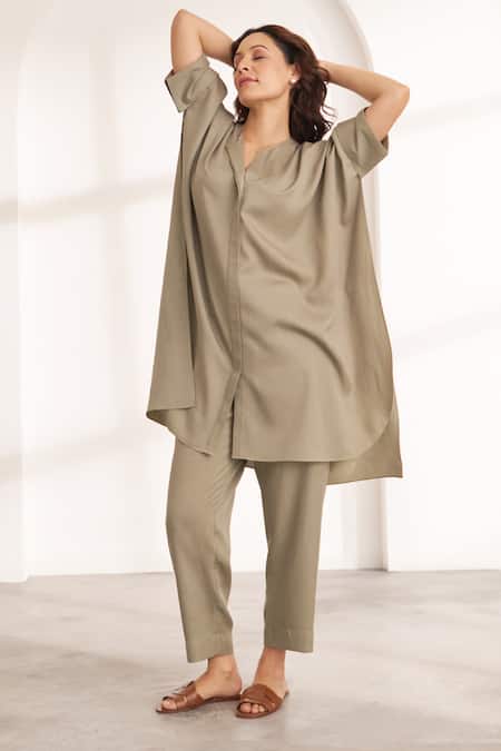 Buy_Vaaya_Green Tencel Collared Anti-fit Kurta Set 