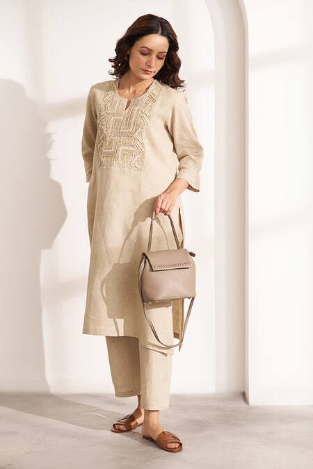 Vaaya_Beige Hemp Embroidery Split V-neck Kurta And Pants Set_Online_at_Aza_Fashions