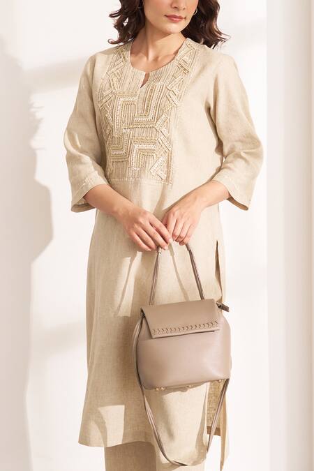 Shop_Vaaya_Beige Hemp Embroidery Split V-neck Kurta And Pants Set_Online_at_Aza_Fashions
