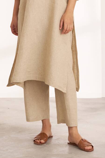 Vaaya_Beige Hemp Embroidery Split V-neck Kurta And Pants Set_at_Aza_Fashions