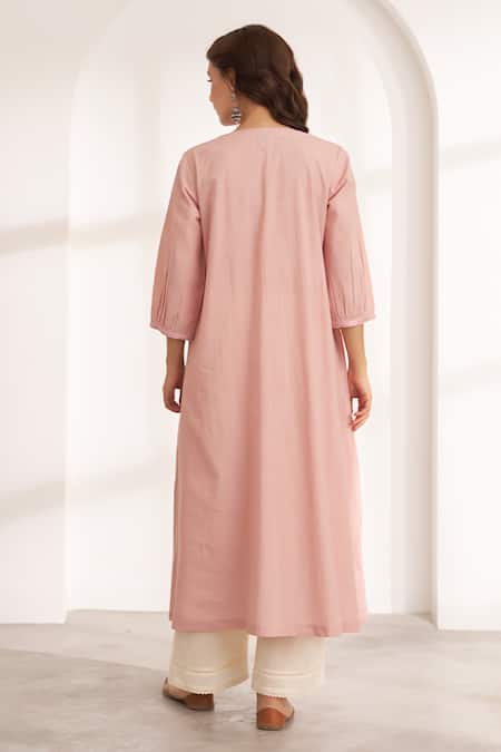 Shop_Vaaya_Peach Cotton Embroidery V-neck Blush Pink Mulmul Kurta And Pants Set _at_Aza_Fashions
