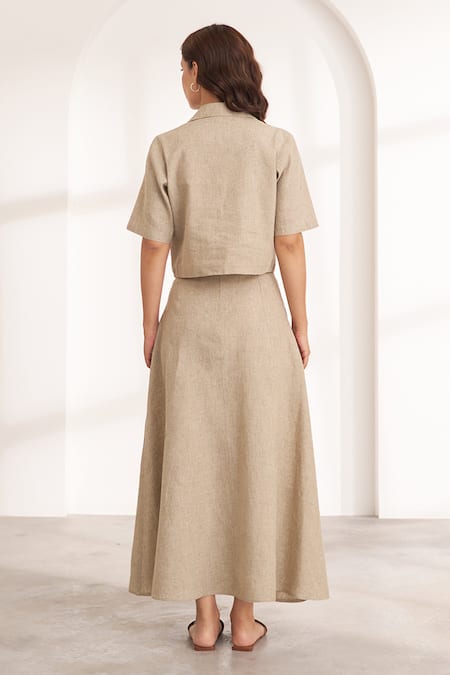 Shop_Vaaya_Beige Hemp Collared Crop Shirt And Skirt Set _at_Aza_Fashions