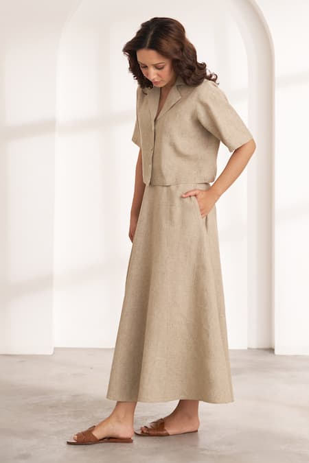 Vaaya_Beige Hemp Collared Crop Shirt And Skirt Set _Online_at_Aza_Fashions