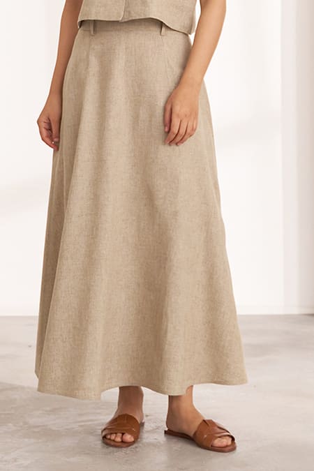 Buy_Vaaya_Beige Hemp Collared Crop Shirt And Skirt Set _Online_at_Aza_Fashions