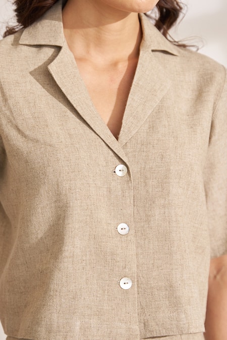 Vaaya_Beige Hemp Collared Crop Shirt And Skirt Set _at_Aza_Fashions