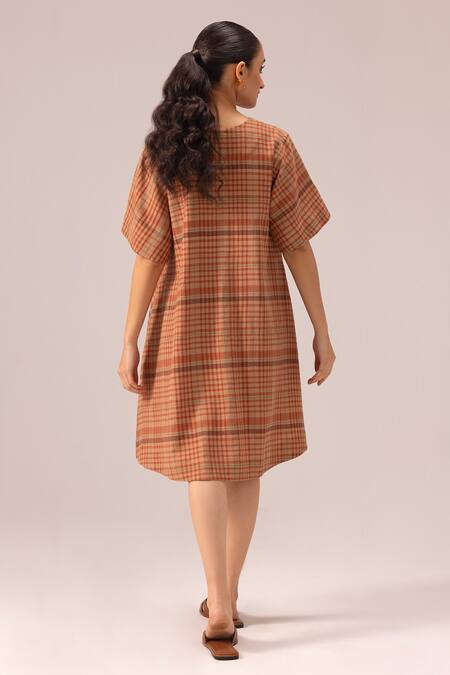 Shop Label Shreya Sharma Brown Cotton V-neck Plaid Short Dress at Aza Fashions Shop_Label Shreya Sharma_Brown Cotton V-neck Plaid Short Dress_at_Aza_Fashions