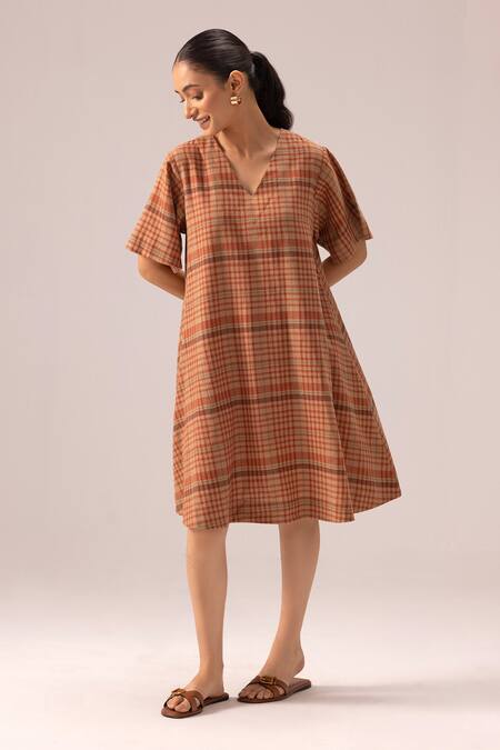 Label Shreya Sharma Brown Cotton V-neck Plaid Short Dress Online at Aza Fashions Label Shreya Sharma_Brown Cotton V-neck Plaid Short Dress_Online_at_Aza_Fashions