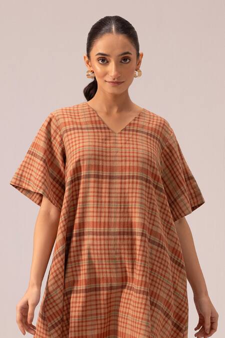 Shop Label Shreya Sharma Brown Cotton V-neck Plaid Short Dress Online at Aza Fashions Shop_Label Shreya Sharma_Brown Cotton V-neck Plaid Short Dress_Online_at_Aza_Fashions