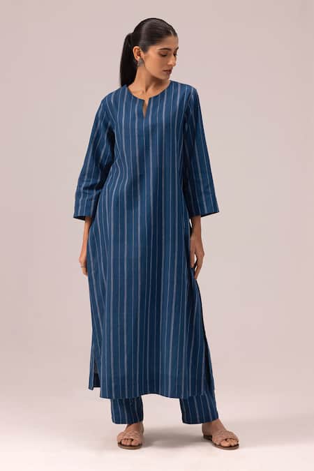 Label Shreya Sharma Blue Cotton Split V-neck Striped Handwoven Kurta Set