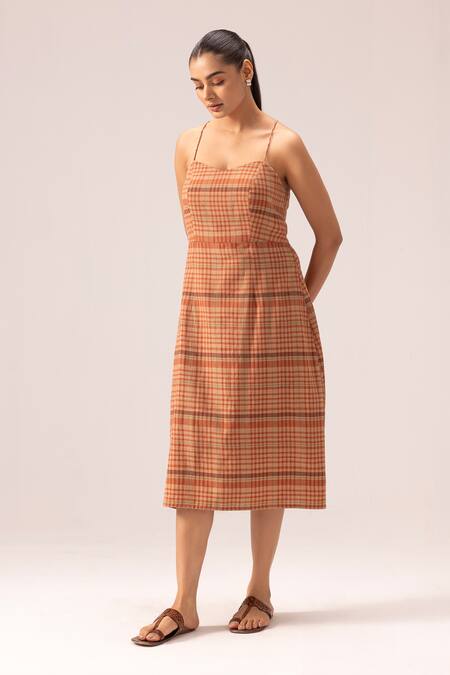 Label Shreya Sharma_Brown Handloom , Tassels Sweetheart Neck Handwoven Midi Dress_Online_at_Aza_Fashions