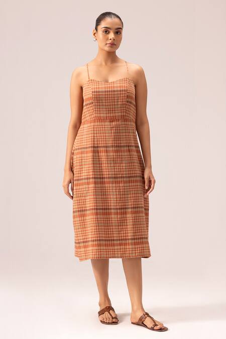 Buy_Label Shreya Sharma_Brown Handloom , Tassels Sweetheart Neck Handwoven Midi Dress_Online_at_Aza_Fashions