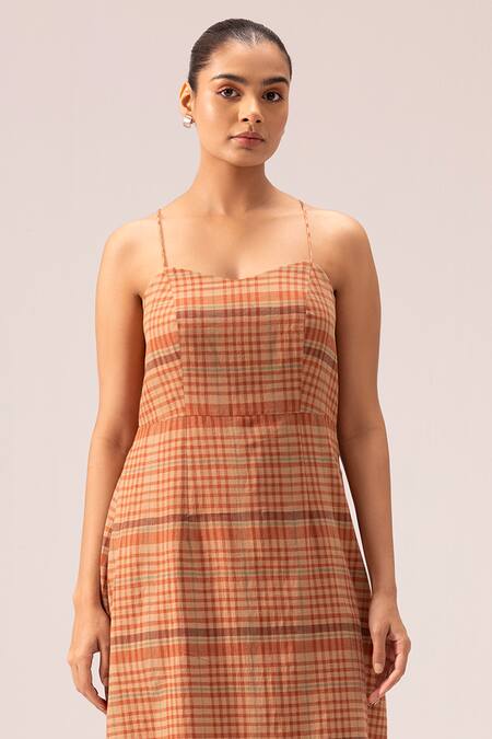 Shop_Label Shreya Sharma_Brown Handloom , Tassels Sweetheart Neck Handwoven Midi Dress_Online_at_Aza_Fashions