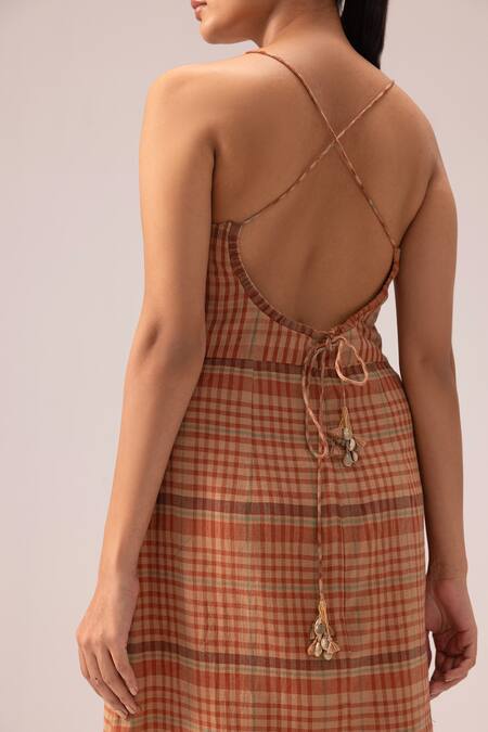 Buy_Label Shreya Sharma_Brown Handloom , Tassels Sweetheart Neck Handwoven Midi Dress