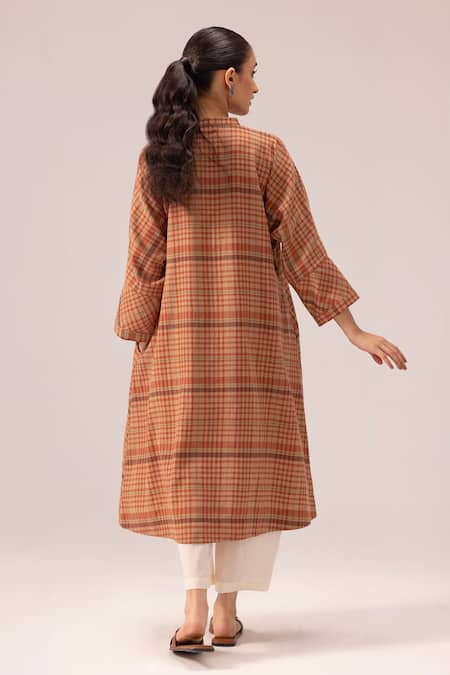 Shop_Label Shreya Sharma_Brown Cotton Mandarin Collar Handwoven Kurta Set _at_Aza_Fashions