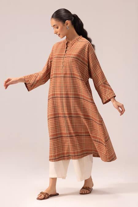 Label Shreya Sharma_Brown Cotton Mandarin Collar Handwoven Kurta Set _Online_at_Aza_Fashions