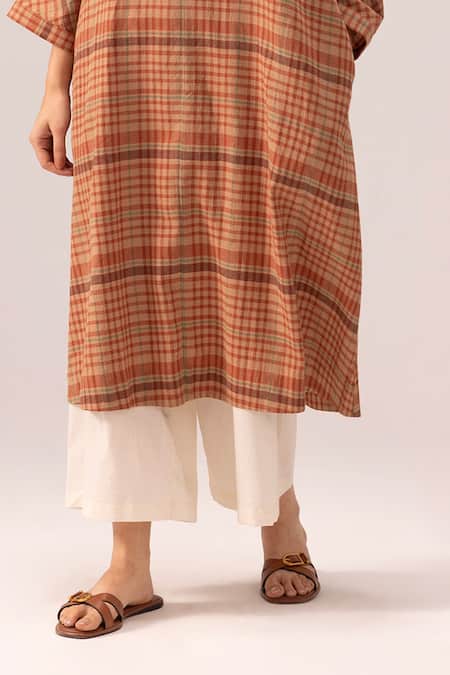 Shop_Label Shreya Sharma_Brown Cotton Mandarin Collar Handwoven Kurta Set _Online_at_Aza_Fashions