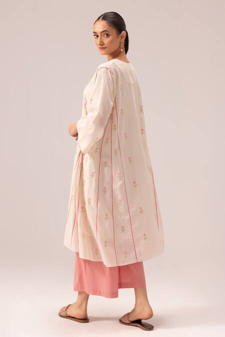 Shop_Label Shreya Sharma_Cream Handloom , Embroidery Hand Woven Jamdani Choga Kurta Set_at_Aza_Fashions