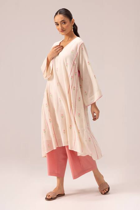 Shop_Label Shreya Sharma_Cream Handloom , Embroidery Hand Woven Jamdani Choga Kurta Set_Online_at_Aza_Fashions
