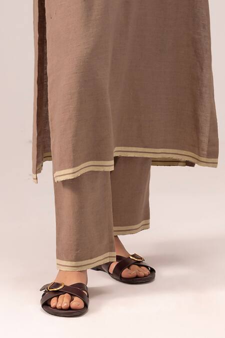 Label Shreya Sharma_Brown Handloom Cotton Embroidery Split V-neck Handwoven Linen Kurta Set_Online_at_Aza_Fashions
