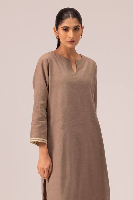 Shop_Label Shreya Sharma_Brown Handloom Cotton Embroidery Split V-neck Handwoven Linen Kurta Set_Online_at_Aza_Fashions