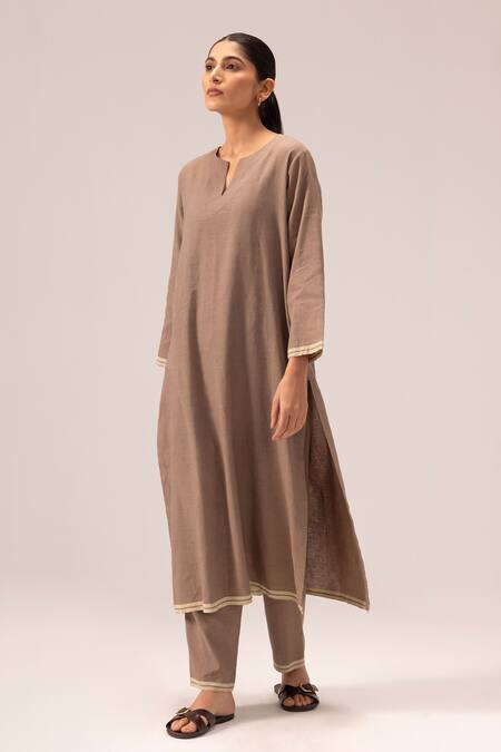 Label Shreya Sharma_Brown Handloom Cotton Embroidery Split V-neck Handwoven Linen Kurta Set_at_Aza_Fashions