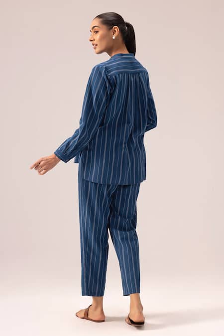 Shop_Label Shreya Sharma_Blue Handloom , Collared Striped Pant Set _at_Aza_Fashions